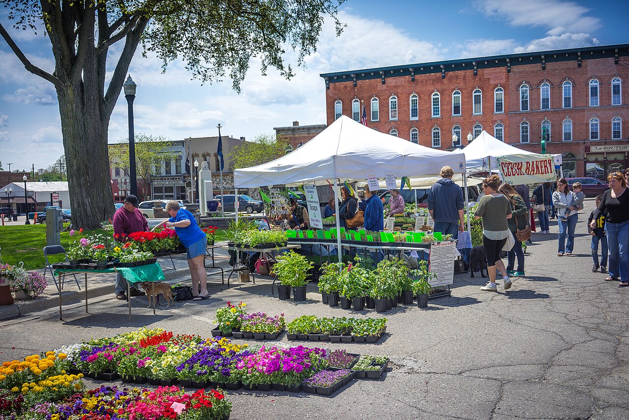 Shoppers browse flower and plant stalls at the Howell Farmers Market in May 2014